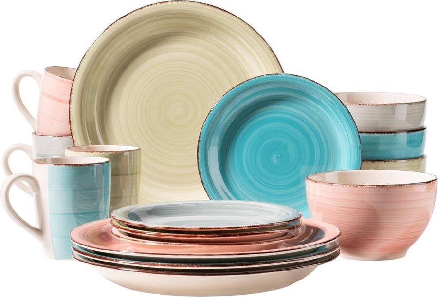 16-delige vintage serviesset Bel Tempo II handbeschilderd keramisch combiservies aardewerk groen roze turquoise rookblauw Bordenset