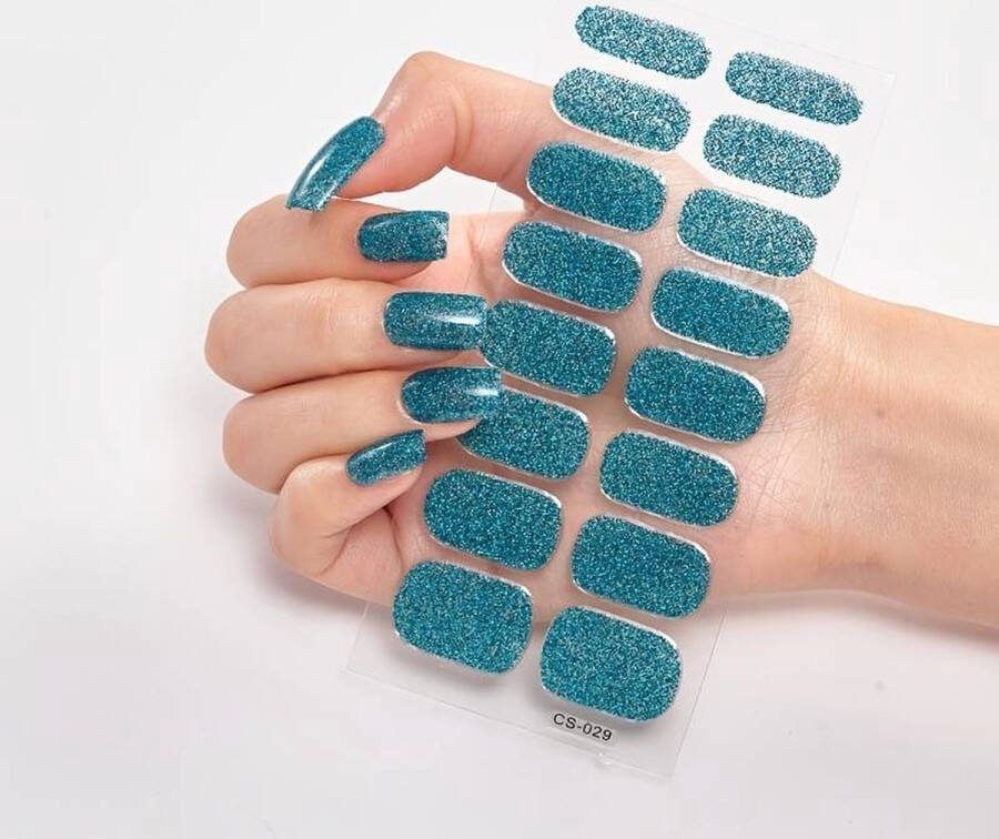 16 pcs Blue Sparkly Full Cover Nail Art Stickers -16 stuks Blauwe Glitter Sprankelende Nagelkunst Stickers Zelfklevende nagelstickers Self-Adhesive Nail Safe Nails for Mommy's with Newborns Easy to Apply or Remove and Long-Lasting Art Stri
