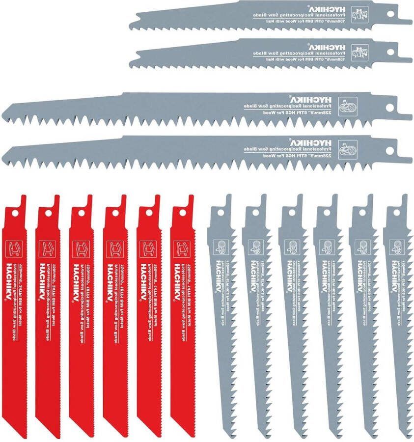 16 STKS Reciprozaagbladen 8 STKS Bi-Metal voor Metaalsnijden en 8 STKS Koolstofstaal voor Houtsnijden Past op alle Reciprozaag