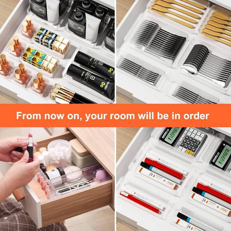 16 stuks lade-organizer 5 maten gescheiden opbergsysteem lade antislip cosmetica-organizer voor make-up kaptafel bureau badkamer keuken (transparant)