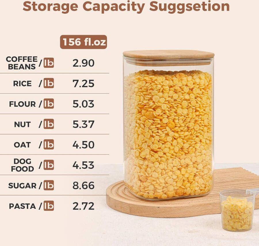 160 oz glazen voedselopslagcontainers 1 gallon glazen meel en suiker containers met luchtdichte deksels grote vierkante glazen potten met bamboe deksels voor rijst pasta haver granen