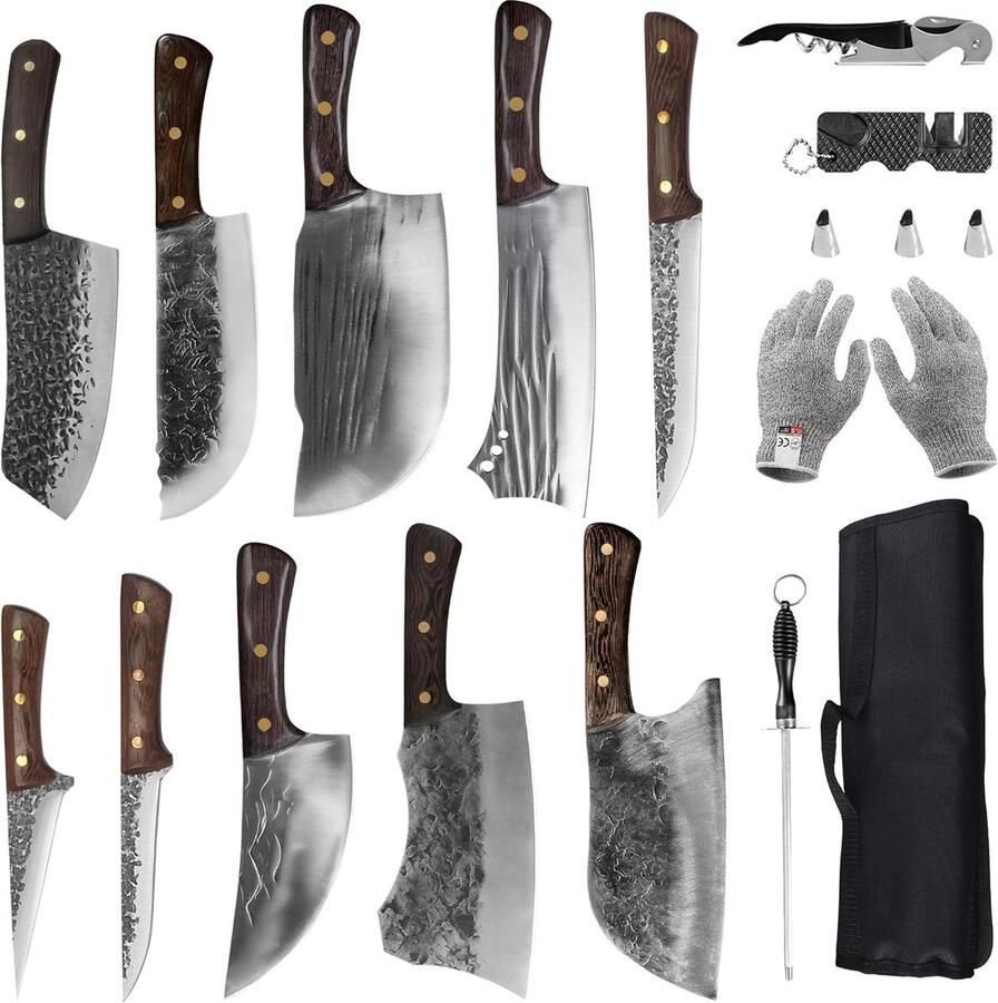16pcs Slagermes Set Hand Gesmeed Chef mes Boning Keukenmes Hoge Koolstofstaal Carving Mes Vis Mes Chef Mes set Voor Camping BBQ