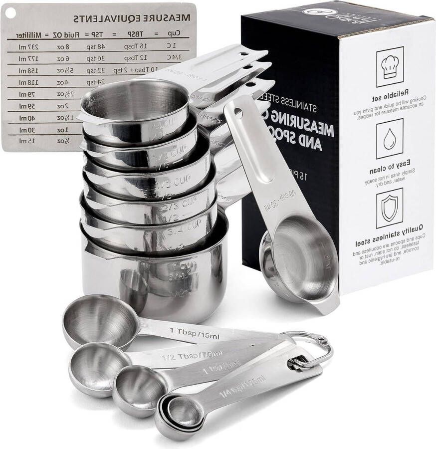 17-Stuks Roestvrijstalen Maatbekers en Maatlepels Set Inclusief 7 Kopjes 7 Lepels 2 Ringen en 1 Magnetische Conversietabel Voor Droge en Vloeibare Ingrediënten Koken en Bakken met Oak & Steel