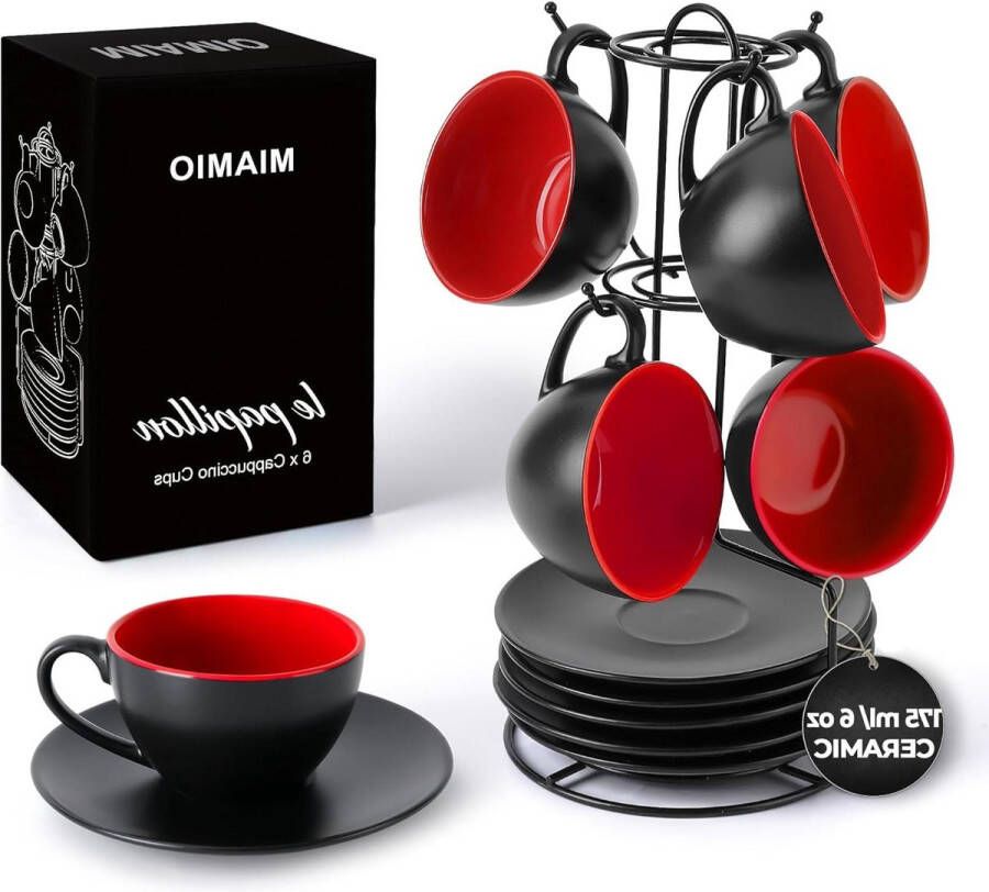 175 ml Cappuccino kopjes Set zwart gekleurd Collectie Le Papillon (Rood) Koffiekopjes set van 6