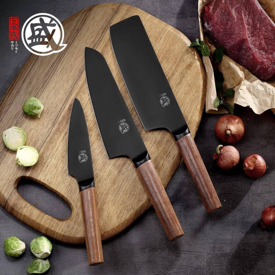 17cm Professional Black Titanium Coated Santoku Chef's Knife Premium Alloy Steel Meat Sushi Kitchen Knives Walnut Handle Gift Box