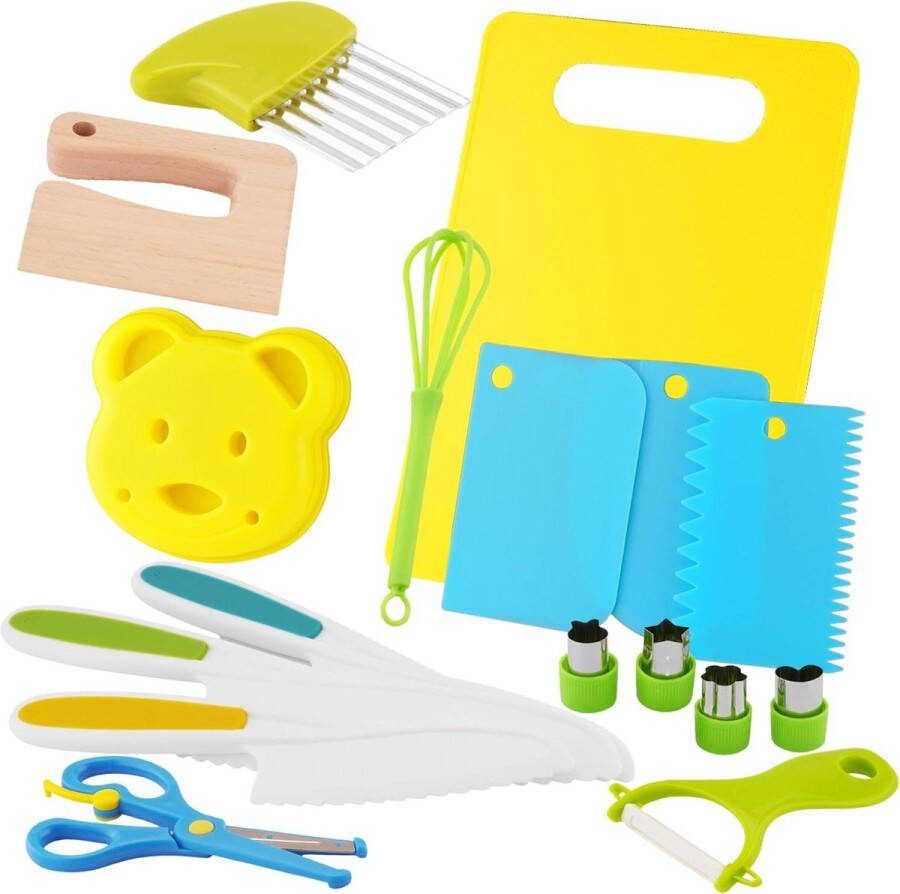 17Pcs Kids Kitchen Knife Set Vegetable Cookie Cutters Potato Cutter Y Peeler Plastic Cutting Board Toddler Safe Knives Wooden Knife Bear Sandwich Cutter Real Cooking Toys Style A Parasol Protective Cover
