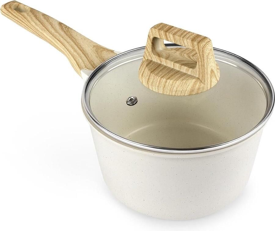 18-cm braadpan met deksel en granieten anti-aanbaklaag houten handvat voor alle fornuizen wit