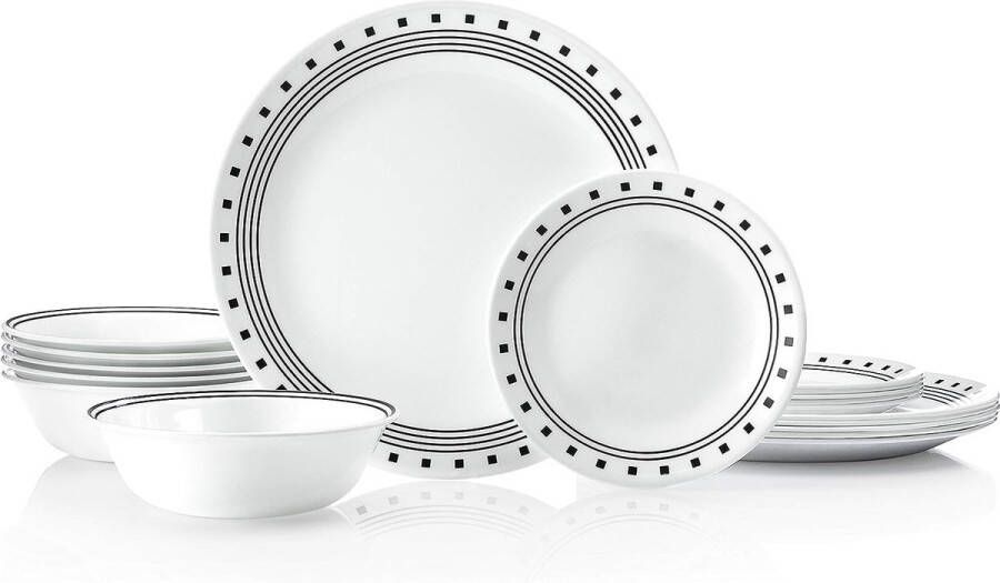 18-delige dinerset City Block zwart-wit servies voor 6 chipbestendig inclusief dinerborden salade zijborden en soep ontbijtkommen modern design hoge kwaliteit