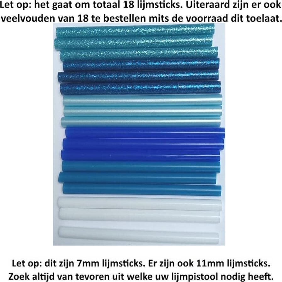 18 lijmpatronen 7 mm diameter 6 kleuren assortiment vijf tinten blauw + wit Lijmstick Lijm Lijmpistool