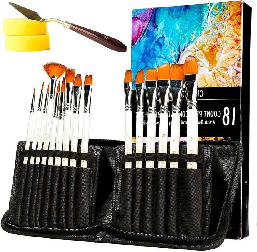 18 Pc Professionele Penseel Set met Palet Mes en Sponge Ronde Punt Nylon Haar Artiest Acryl Borstel voor Acryl Aquarel Olieverfschilderij Ambachten 4 ALL
