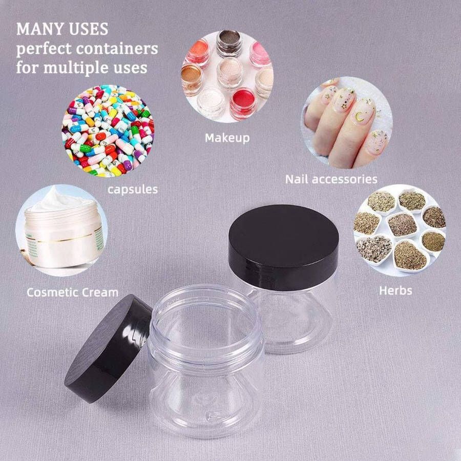 18 stks 60 ml Lege Doorzichtige Plastic Slijm Opslag Gunst Potten Wijde Mond Monster Containers Ronde Cosmetische Reispot Met Zwarte Schroefdop Deksels voor Kralen Sieraden Make-up Nagelkunst