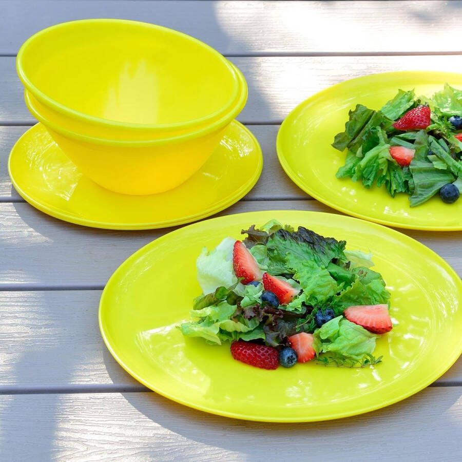 18 stuks herbruikbare plastic keukenserviesset borden (20 cm en 25 cm) kommen (1000 ml) servies voor 6 (geel)