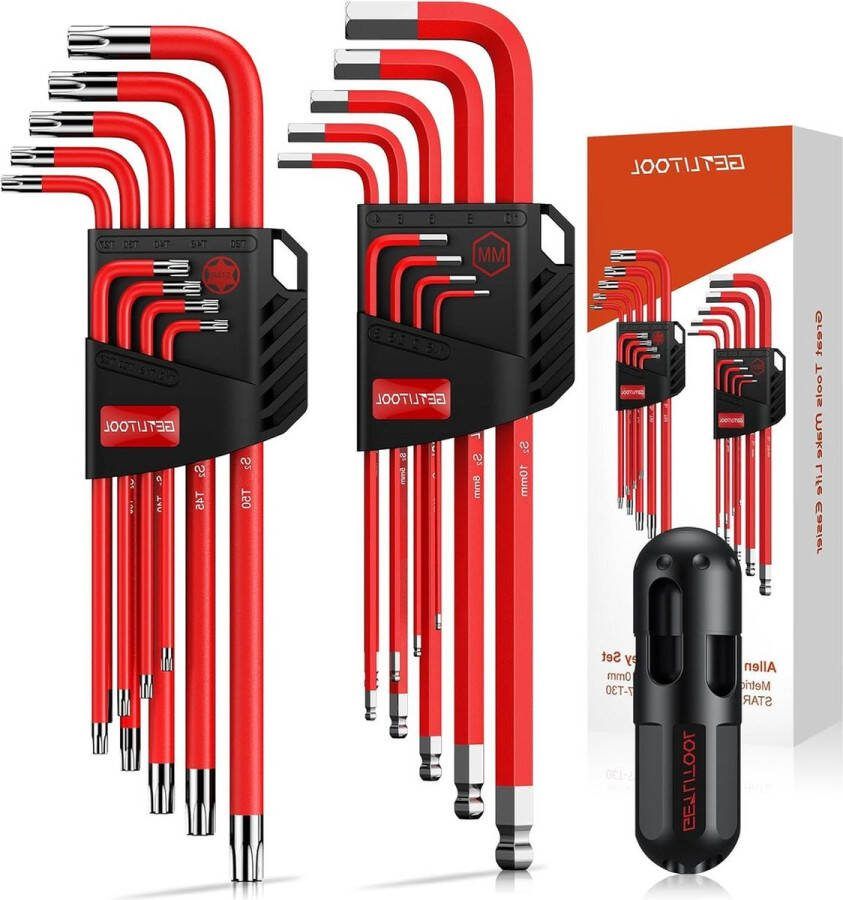 18 stuks magnetische inbussleutel set lange arm Cr-V metrisch opbergbeugel kogeluiteinde zeskantsleutel stersleutelset maatmarkering fietsreparatie