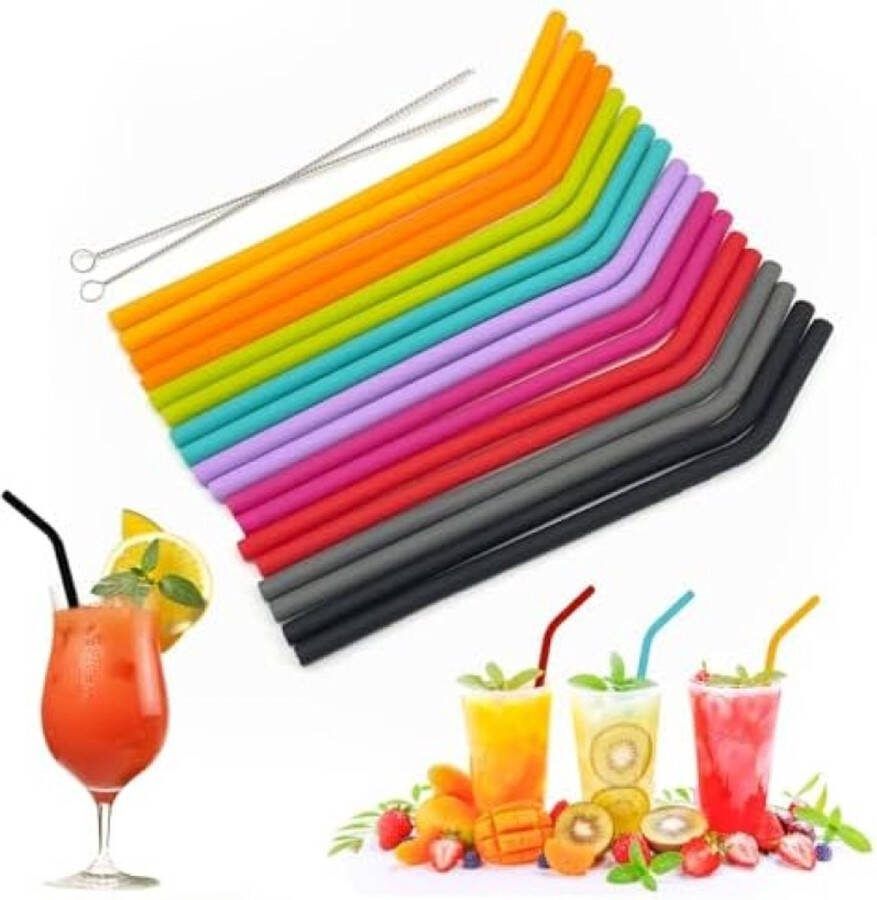 18 stuks siliconen rietjes herbruikbaar kleurrijke bocht drinkrietjes normale maat vervangende smoothie rietjes voor volwassenen kinderen zacht flexibel rubberen rietje met 2