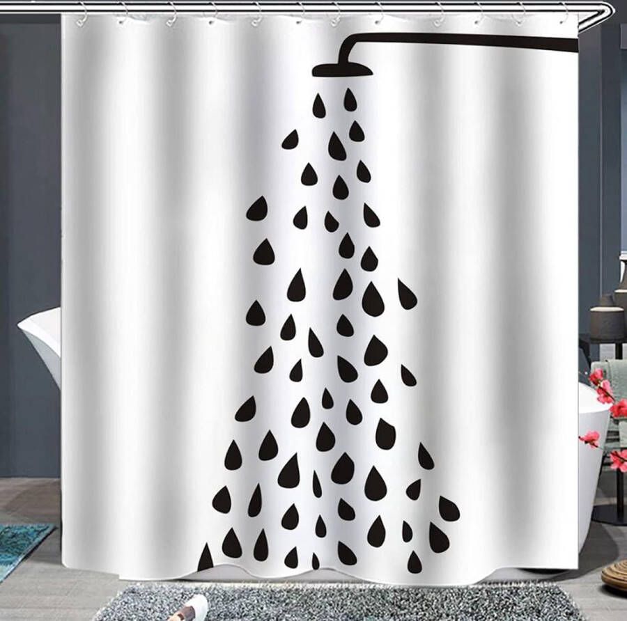 180 × 180 cm stoffen douchegordijn douchekop schaduw zwarte douchekop waterinlaat enkele douche zwart wit machinewasbaar badkamer decor set met haak badgordijn