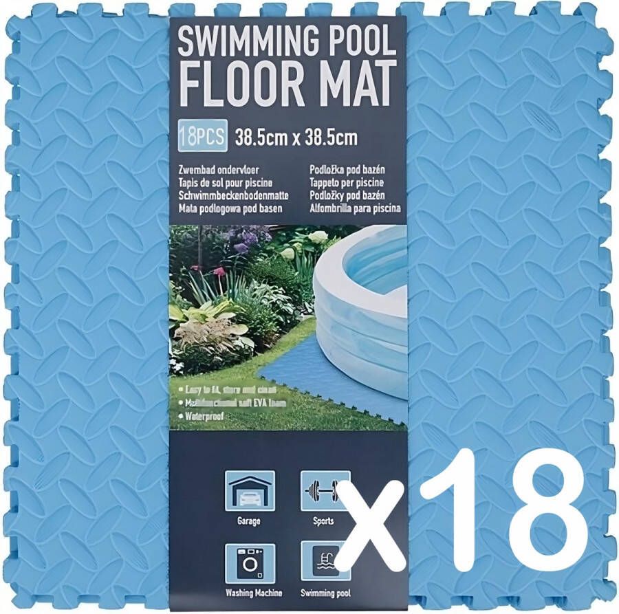 18x stuks Zwembad Tegels Ondervloer Blauw Foam tegels Grip mat Ondergrond Bodem bescherming Puzzelmat voor zwembad 38 5 x 38 5 x 0 8 cm