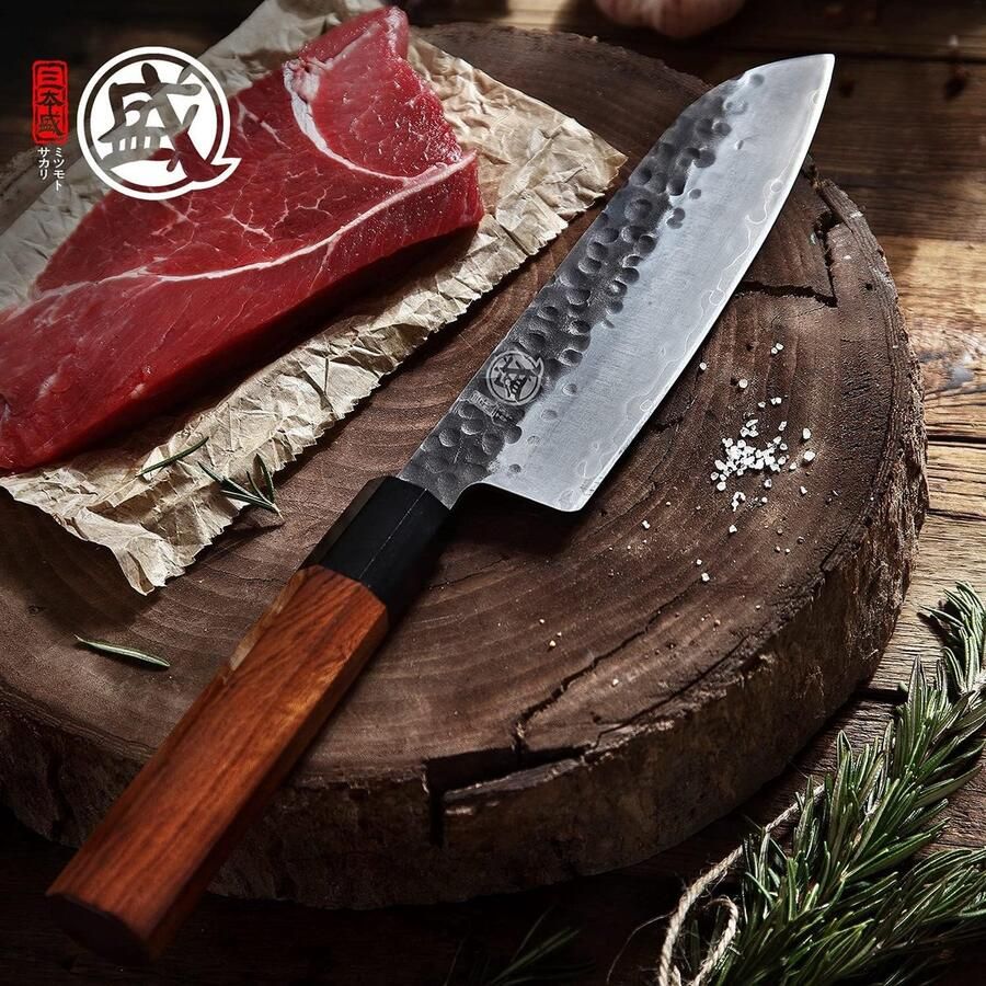 19 cm Japans Santoku Koksmes Hoog Koolstofstaal Scherp Keukenmes Hand Gesmeed Keukenmes Professioneel (Rozenhout Handvat & Geschenkdoos)