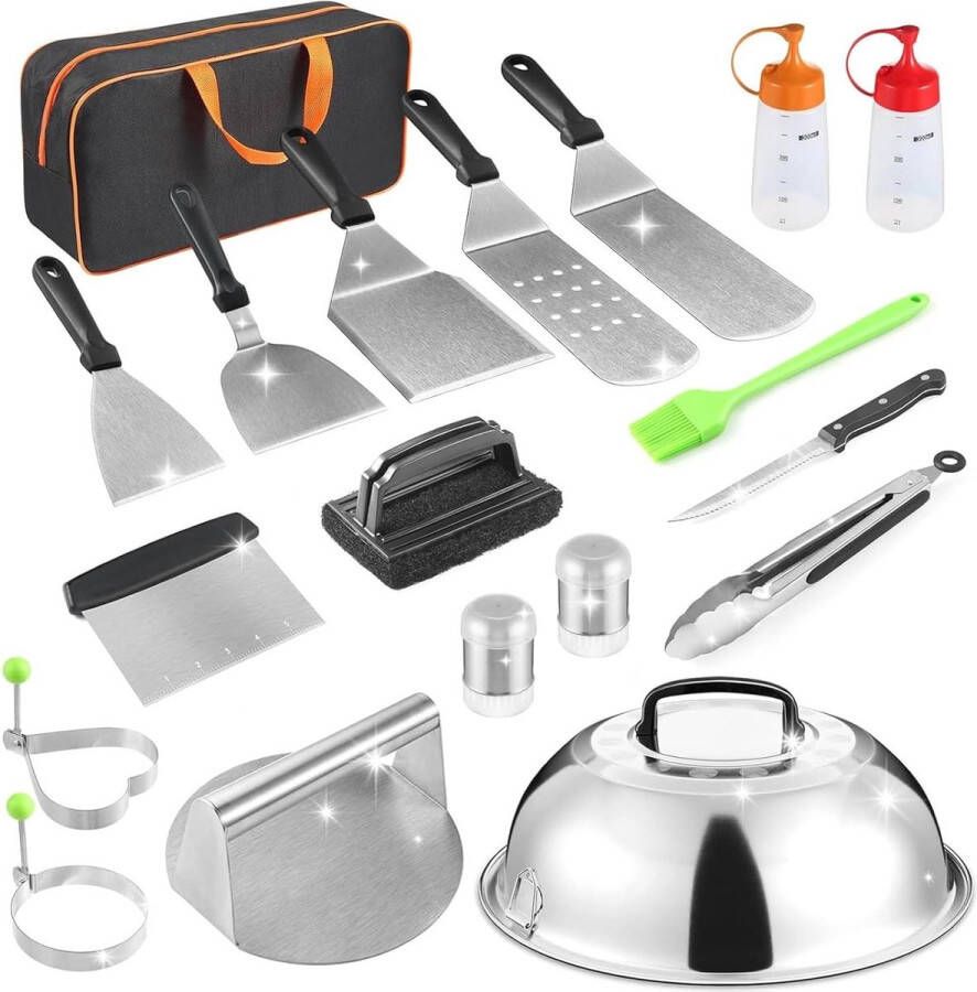 19-stuks platte top grill-accessoires voor Blackstone Camp Chef metalen spatel set met hamburgerpers rijghoes smeltkoepel tang draagtas voor buiten grillen BBQ