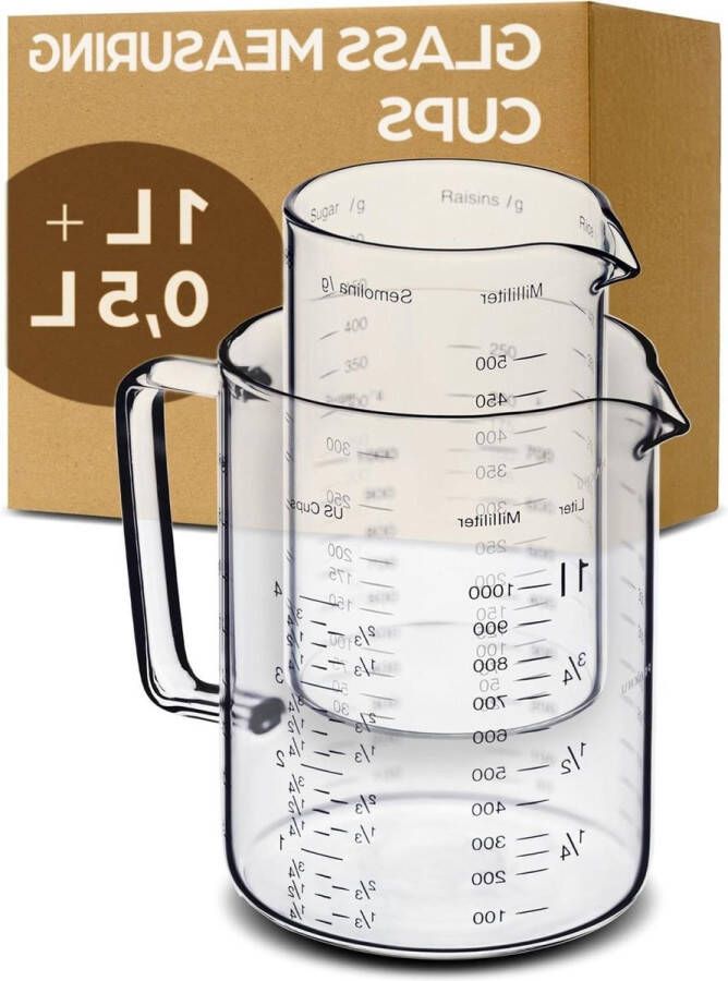 1L & 500ml Hittebestendige Glazen Maatbekers met Schenktuit Nauwkeurige Schaalverdeling Voor Bakken Koken en Mengen