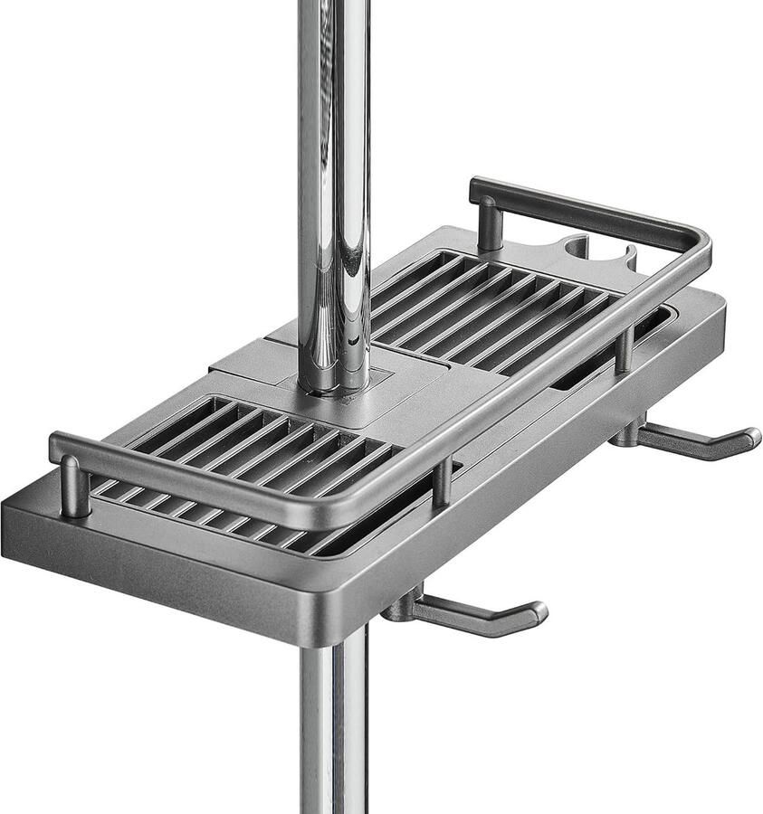 1Stuks grijs Douchestangen opbergrek Geen Boor Ponsvrije Multifunctionele Douche Opbergrek Douche Plank Opberger voor Zeep Shampoo Handdoek met Gesp en Douchekop Haak Geschikt voor 0.83-0.98inch Diameter Douche Rail
