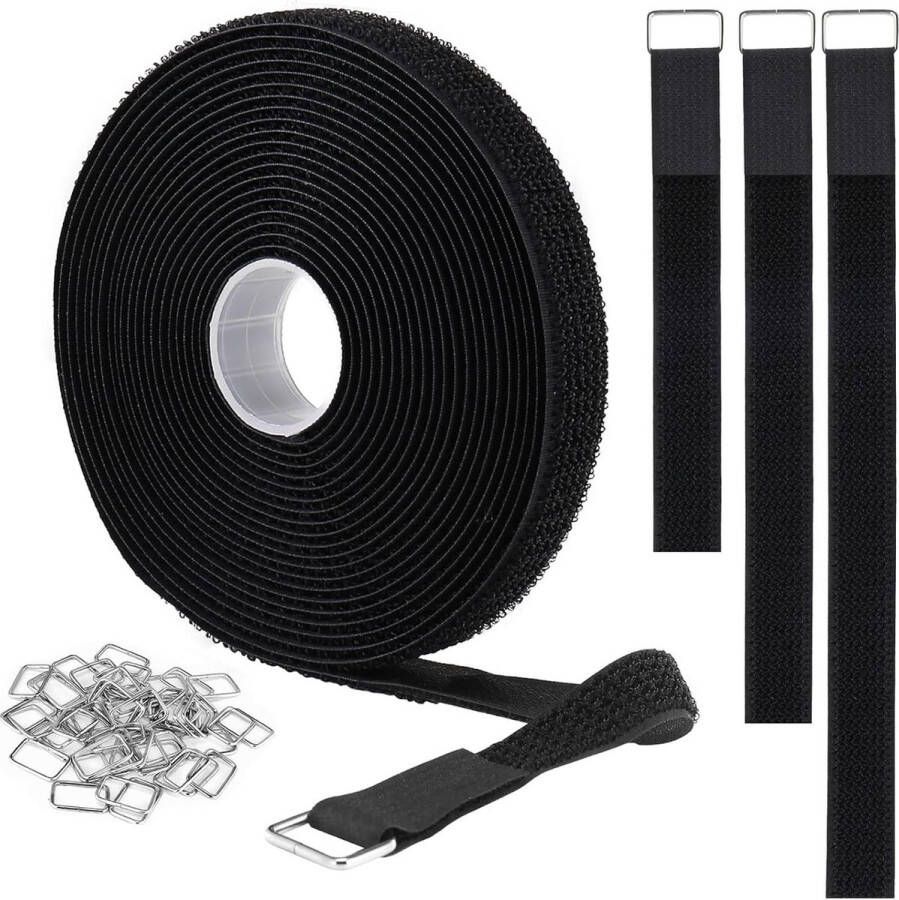 2 5 cm x 10 m klittenbandriemen met 50 metalen gespen op maat te knippen herbruikbare kabelbinders verstelbare bevestigingskabelriemen nylon bevestigingsriem 2 5 cm breed zwart