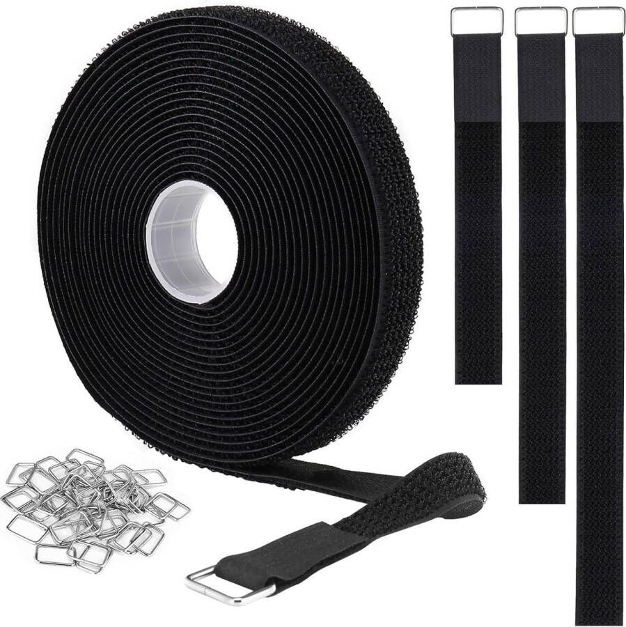 2 cm x 10 m klittenbandriemen met 50 metalen gespen op maat te knippen herbruikbare kabelbinders verstelbare bevestigingskabelriemen nylon bevestigingsriem 2 cm breed zwart