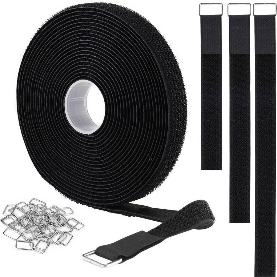 2 cm x 5 m klittenbandriemen met 25 metalen gespen op maat te knippen herbruikbare kabelbinders verstelbare bevestigingskabelriemen nylon bevestigingsriem 2 cm breed zwart
