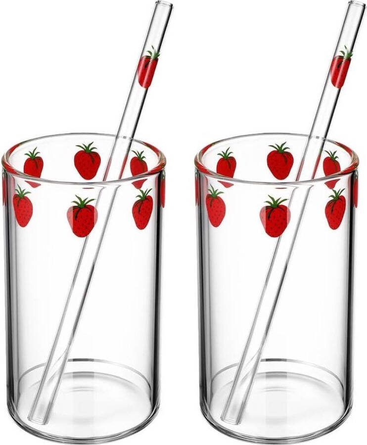 2 Delig Aardbei Glazen Set 300ml Helder Glazen Kopjes met Rietjes Glazen Sap en Cocktail Drinkglazen Glas Bierpul Blikglazen Aardbei Glazen Fles Espresso Kopje Helder Cocktailglazen