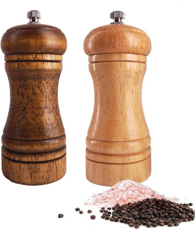 2 Delig Houten Pepermolen en Zoutmolen Set Verstelbare Keramische Maalmolens 14.5cm Eikenhout Traditioneel Ontwerp 1 Lichtbruin & 1 Donkerbruin