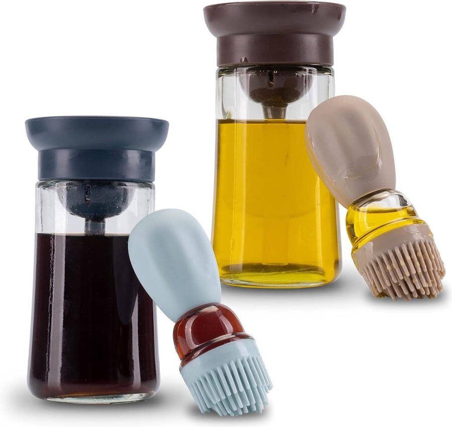 2-delige oliespuit set oliefles met kwast en oliedispenser glazen fles 180 ml siliconen borstel bakkwast blauw en beige