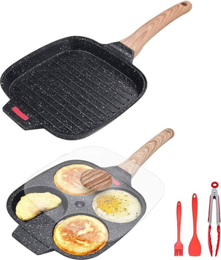 2-delige pannenset pannenkoekenpan met deksel 4 gaten + grillpan inductie 21 cm aluminium antiaanbaklaag