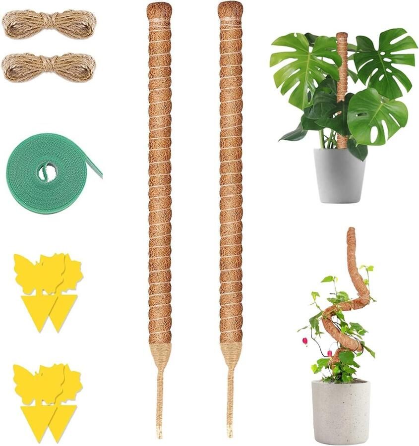 2-delige set plantenstaven 120 cm voor Monstera klimhulp klimstaven mosstokken buigbare plantenstaven kokosstaven met plantenbinder voor klimplanten planten kokosvezel verlengbaar