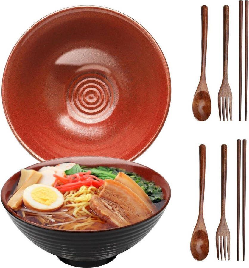 2-delige set ramenkom 1200 ml keramiek lepel vork Japanse soepkom 20 cm eetstokjes