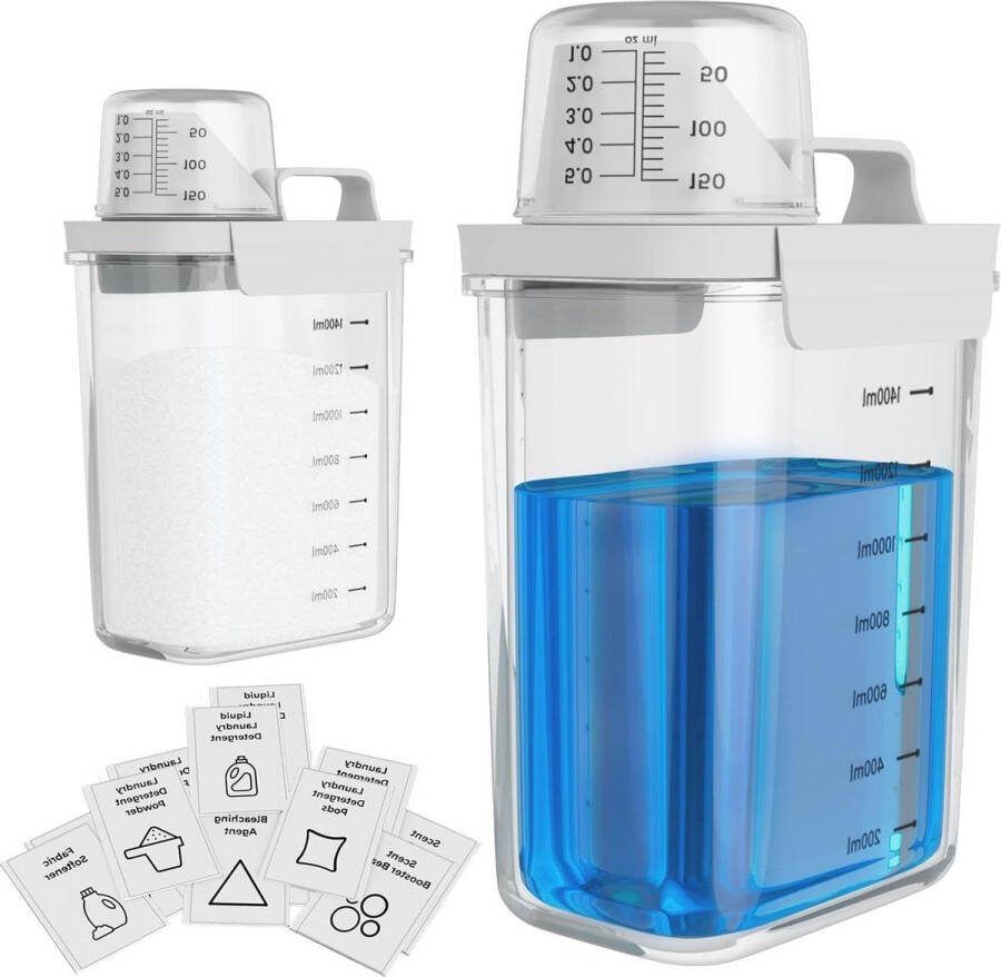 2 Delige Wasmiddeldispenser met Maatbeker 1800 ml Luchtdichte Opslag Multi-use Waspoeder Dispenser voor Vloeibaar Wasmiddel Transparant