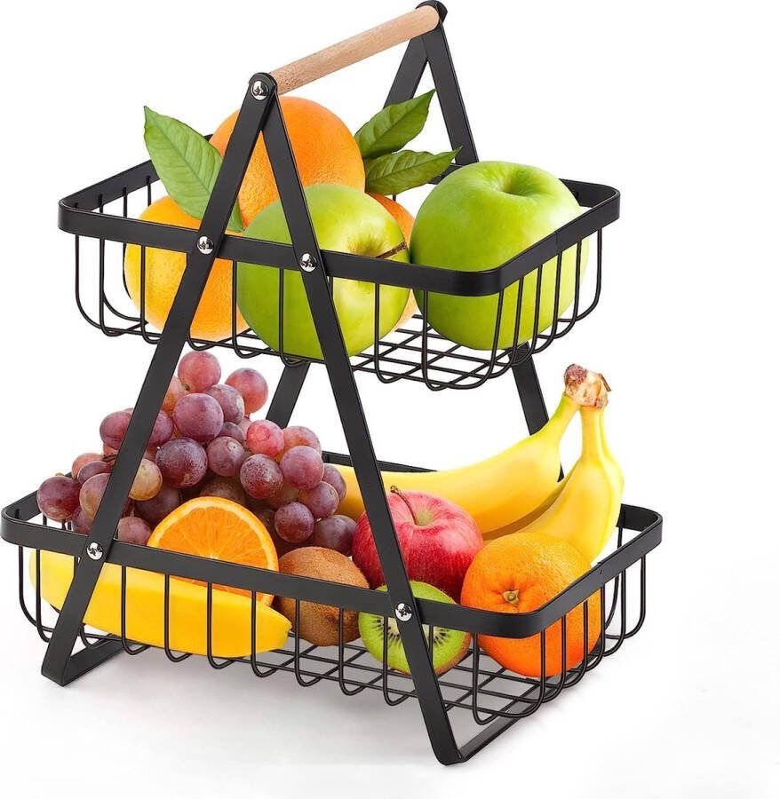 2 etagère voor fruit draagbare fruitschaal fruitmand broodmand fruit snacks opslag voor keuken afneembare metalen etagère voor kantoor badkamer zwart