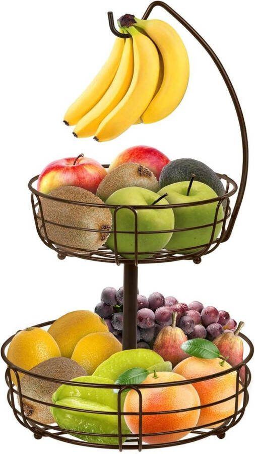 2-etages fruitmand met bananenhouder afneembare fruitschaal van metaal staande fruitschalen voor fruit groenten decoratieve fruitmanden voor snacks en brood brons