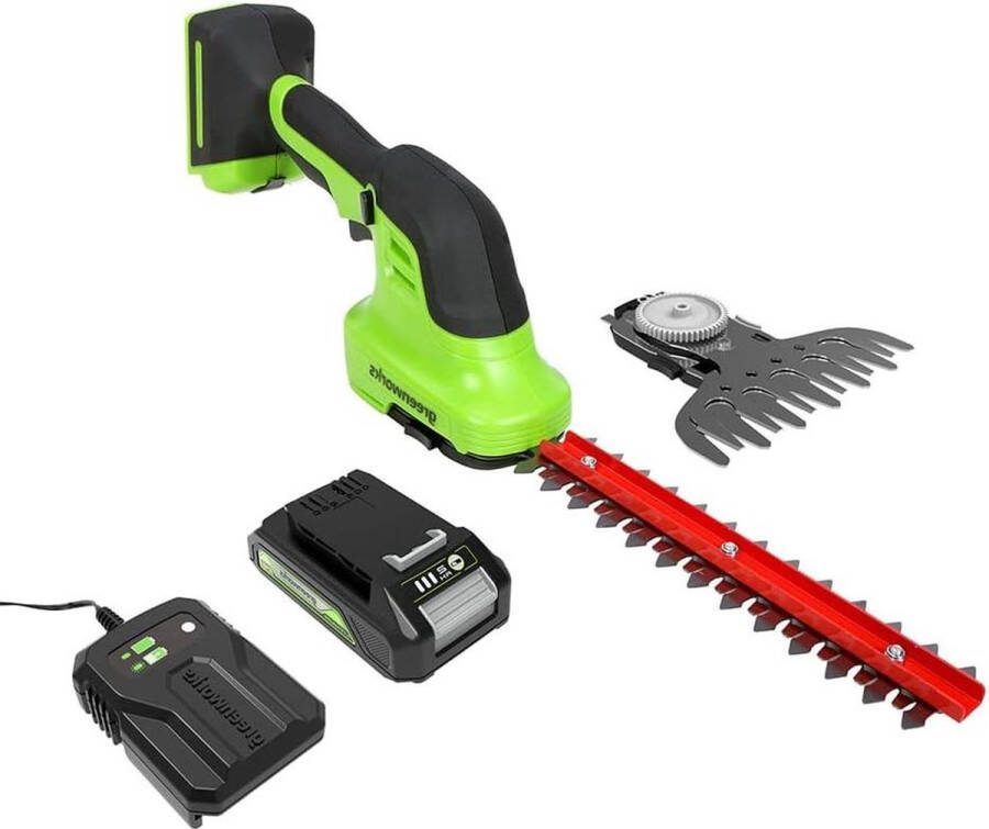 2-in-1 accu stuik- en grasschaar 24V Li-Ion 2400 SPM 8mm snoeidiepte 20cm heggenschaar 120mm grasschaar 2Ah accu en oplader Groen Zwart Grijs Heggenschaar