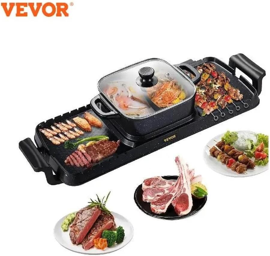 2-in-1 Elektrische BBQ Pan Grill en Hot Pot Krachtig 2400W gourmetstel Draagbaar en Rookvrij Afneembare Antiaanbaklaag BBQ Gourmet Grill apparaat Kookgerei Koken Grillen