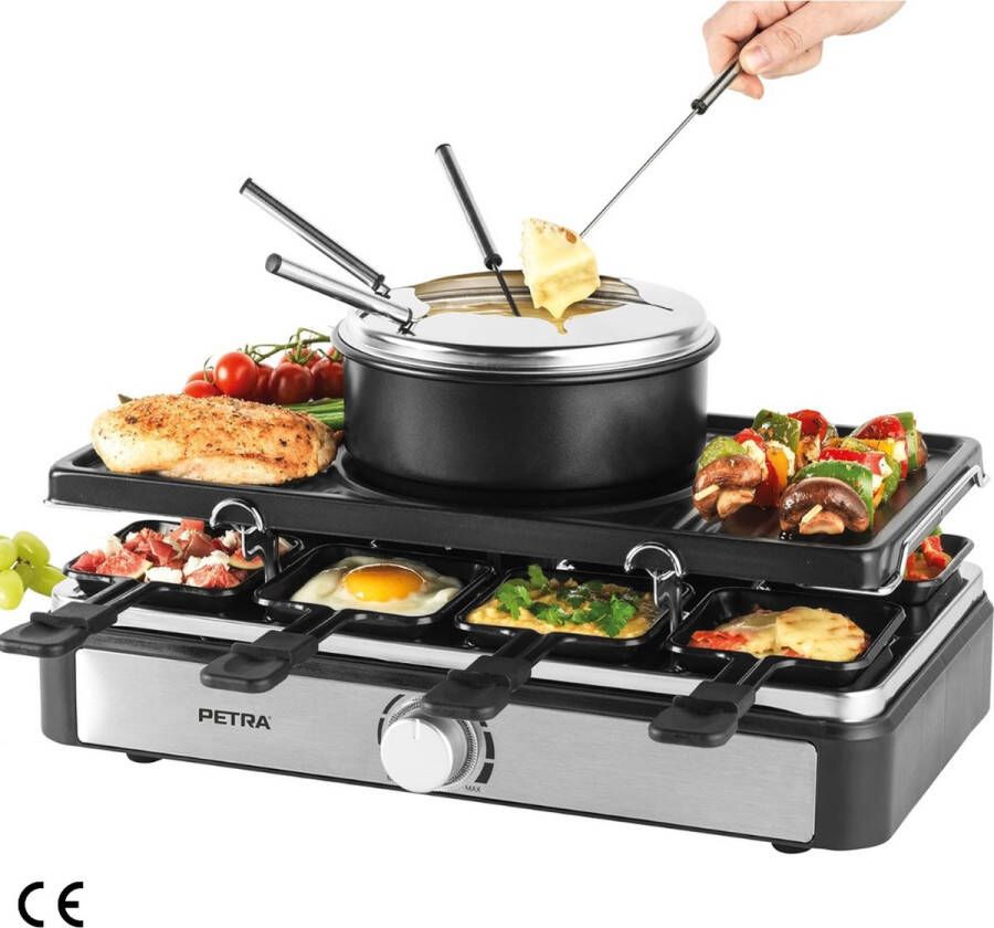 2-in-1 Elektrische Raclettegrill en Fondueset 1.3L Dompelpot Instelbare Temperatuurregeling Inclusief 8 Grillpannen met Antiaanbaklaag en Houten Spatels Zwart 1400 W