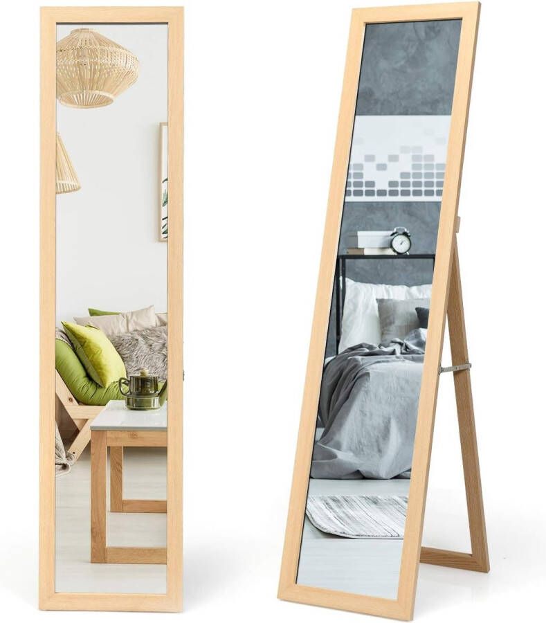 2-in-1 full-body spiegel staande spiegel en wandspiegel met houten frame kleedspiegel 37 x 155cm garderobespiegel voor slaapkamer woonkamer en entree (natuur)