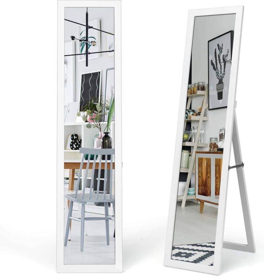 2-in-1 full-body spiegel staande spiegel en wandspiegel met houten frame kleedspiegel 37 x 155cm garderobespiegel voor slaapkamer woonkamer en entree (wit)