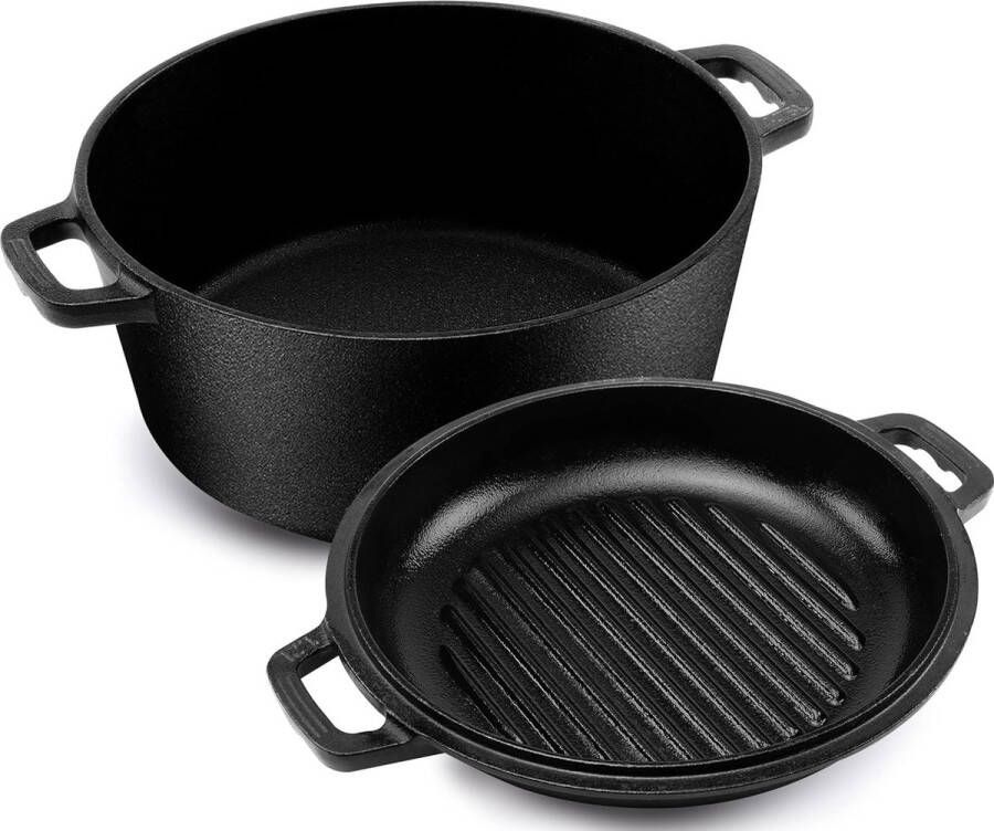 2 in 1 Gietijzeren Pot met Dubbel Doel Grillpan Deksel Vooraf gekruid Gietijzeren Dutch Oven Broodbakken Koken Roosteren Stoven & Grillen Geschikt voor binnen en buiten gebruik