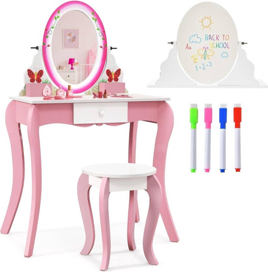 2-in-1 kinderkaptafel en kruk met 360° draaibare spiegel en whiteboard 4 markers prinsessen-kaptafel voor peuters van 3 7 jaar (roze)