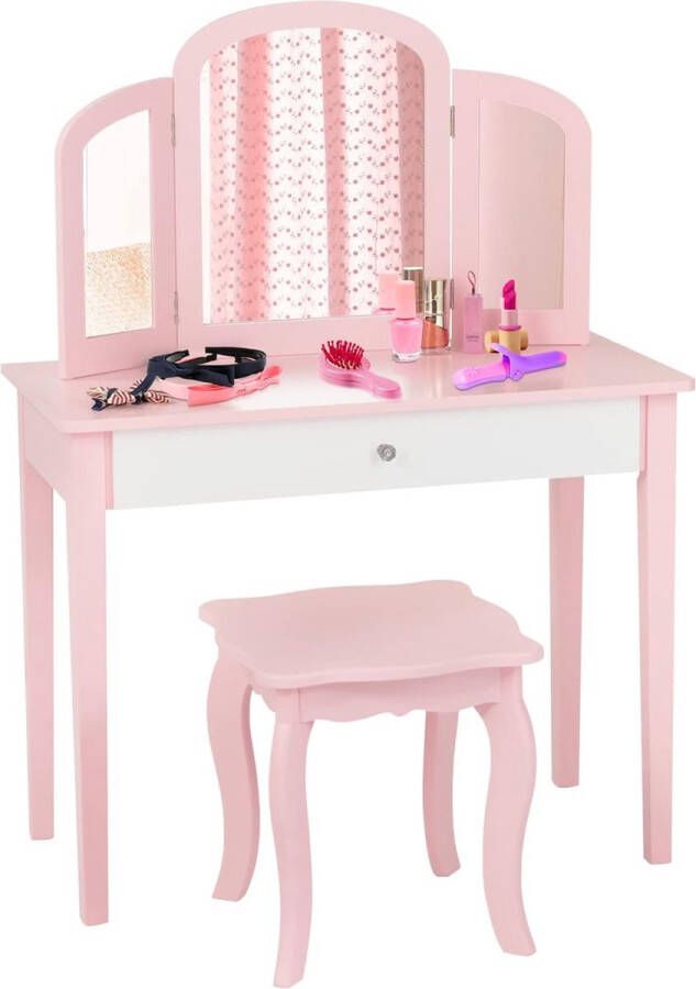 2-in-1 kinderkaptafel bureau kaptafel en stoel make-uptafel met afneembare 3-voudige spiegel en lade gevoerde kruk van hout in landelijke stijl voor kinderkamer (roze)