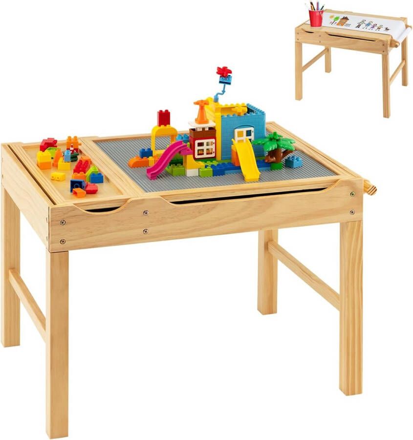 2-in-1 kindertafel met omkeerbaar tafelblad speeltafel van grenenhout met opbergruimte zijstang en papierrol activiteitstafel Legotisch voor kinderen vanaf 3 jaar (natuur)