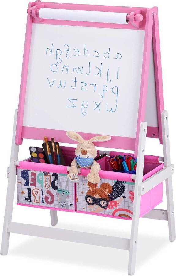 2-in-1 krijtbord en tekenbord met papierrol en mandjes HBD 94 x 52 x 465 cm staand whiteboard roze wit Tekenbord