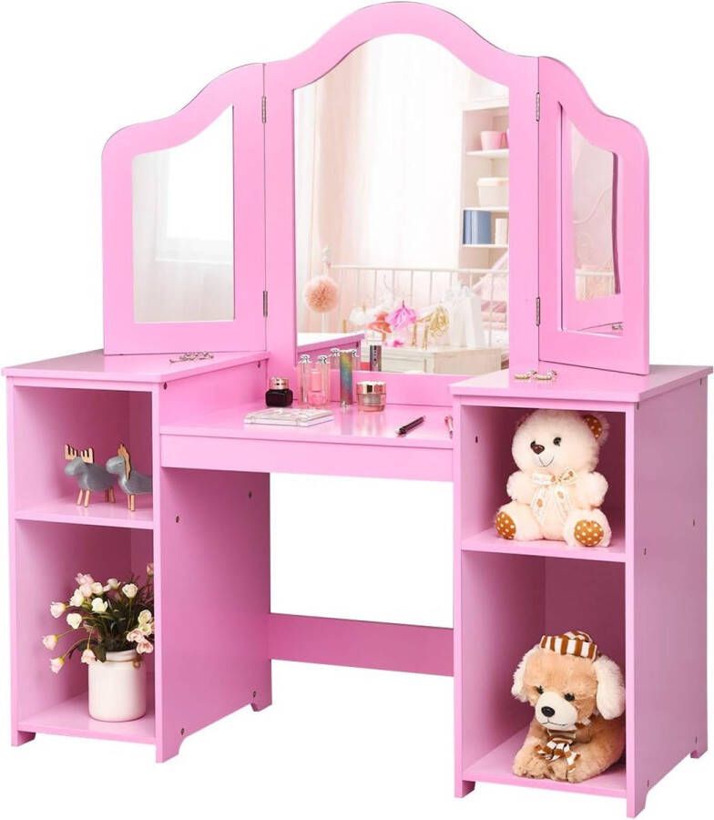 2-in-1 make-uptafel voor kinderen bureau met afneembare spiegel kaptafel voor meisjes met open vakken houten kapcommode (zonder stoel roze)
