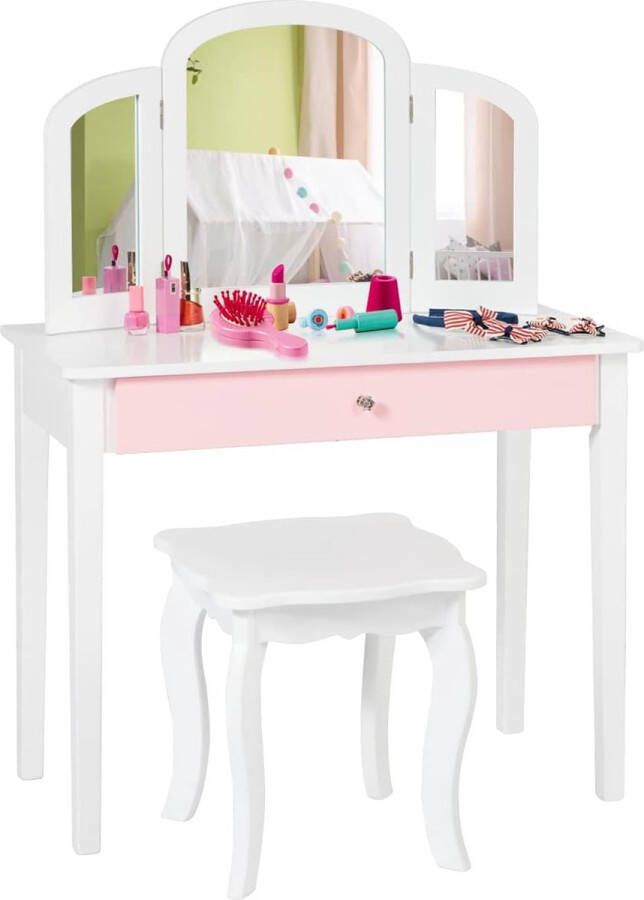 2-in-1 make-uptafelset kaptafel met drievoudig inklapbare spiegel en lade prinsessentafel met make-upkruk make-upcommode kindertafel voor kinderen en meisjes wit