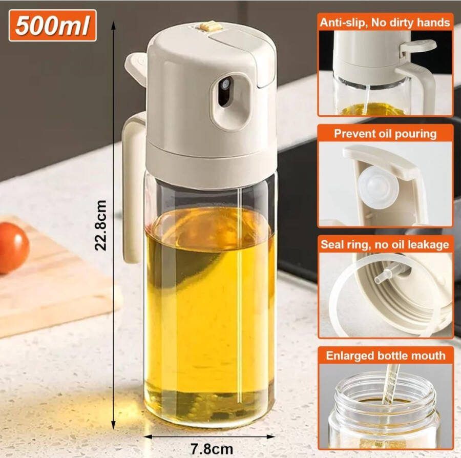 2 in 1 Oliesproeier voor Koken 550 ml Oliespray en Olie Gieten Olie Spray Glas Oliespray met Siliconen Bakborstel Oil Sprayer voor Hete Luchtfriteuse Oliespray om te Koken Oliespray voor Bakken Grillen Salade (Beige)
