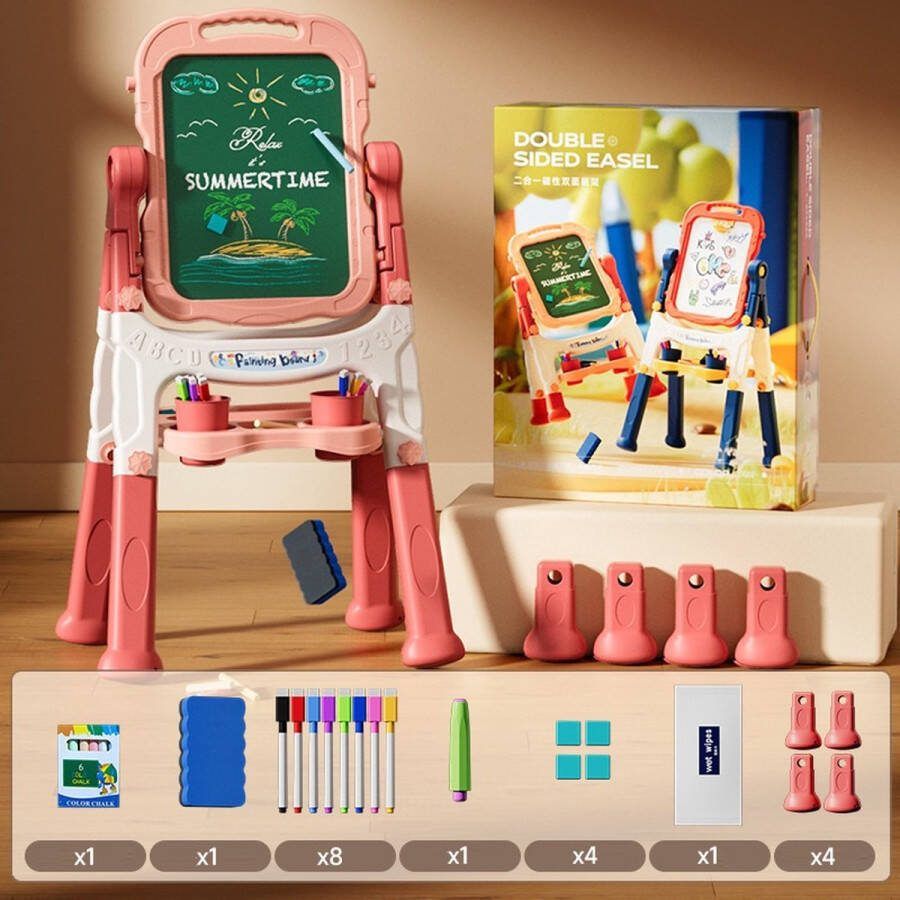 2-in-1 schildersezel met dubbelzijdig magnetisch bord draaibaar en verwijderbaar bord met 2 verstelbare hoogtes opbergbak en briefpapier meegeleverd Roze